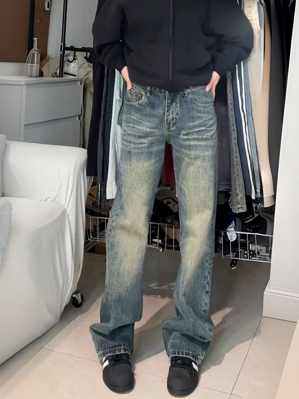 大碼美式高街水洗微喇牛仔褲女秋冬新款休閒寬鬆顯瘦高腰拖地長褲