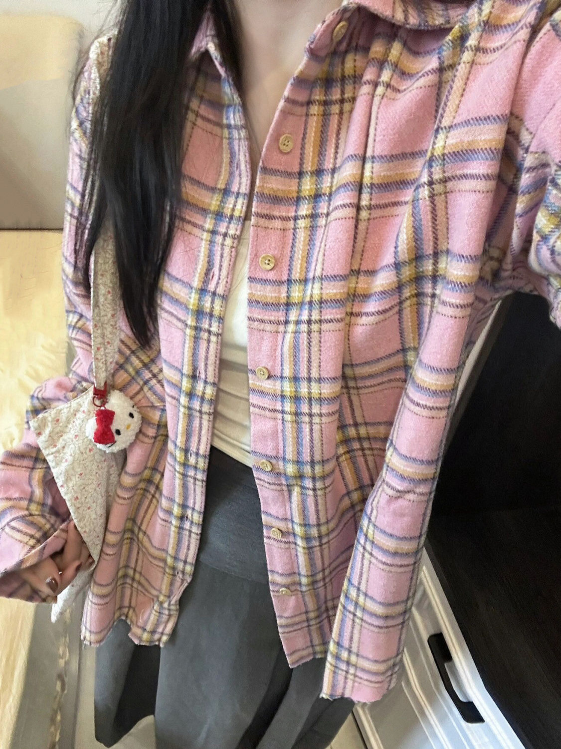 氣質甜美森系粉色格子襯衫女秋冬內搭疊穿慵懶風長袖襯衣外套開衫