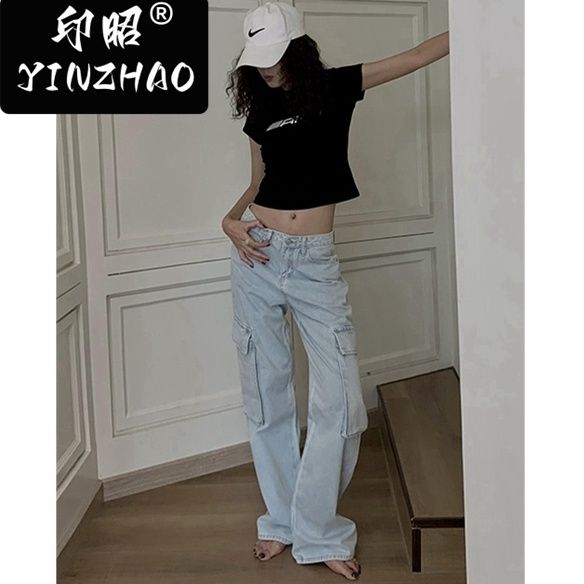【印昭YINZHAO】工裝牛仔褲女美式復古寬鬆直筒褲淺藍色拖地闊腿