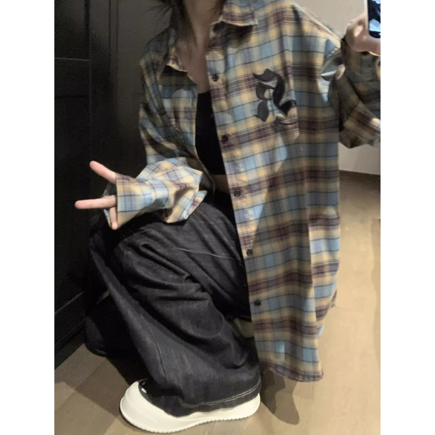 秋季潮牌街頭拼色格子襯衫男女休閒美式復古刺繡百搭寬鬆長袖外套