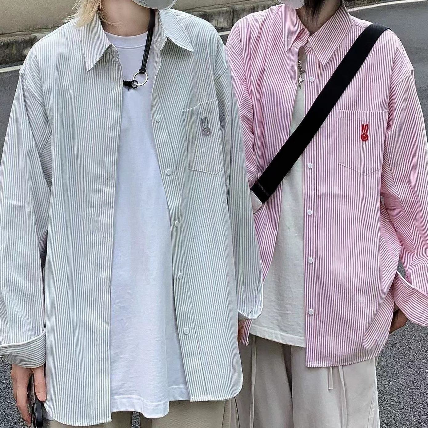 2023春秋款設計感刺繡條紋襯衫女寬鬆顯瘦情侶款長袖襯衣外穿ins
