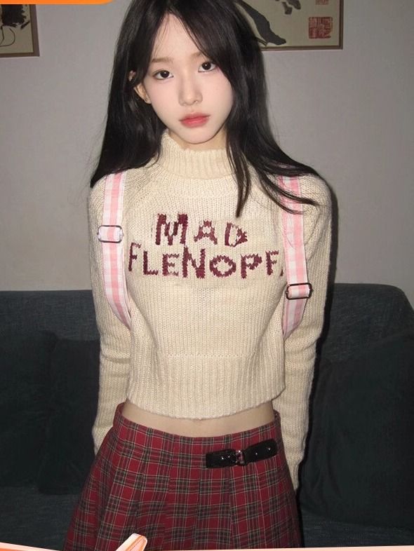 美式辣妹穿搭高領毛衣女秋季字母刺繡長袖針織衫修身顯瘦上衣短款