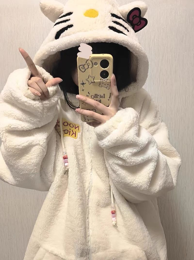 日系可愛凱蒂貓hellokitty羊羔絨外套女秋冬寬鬆慵懶風bf棉衣棉服