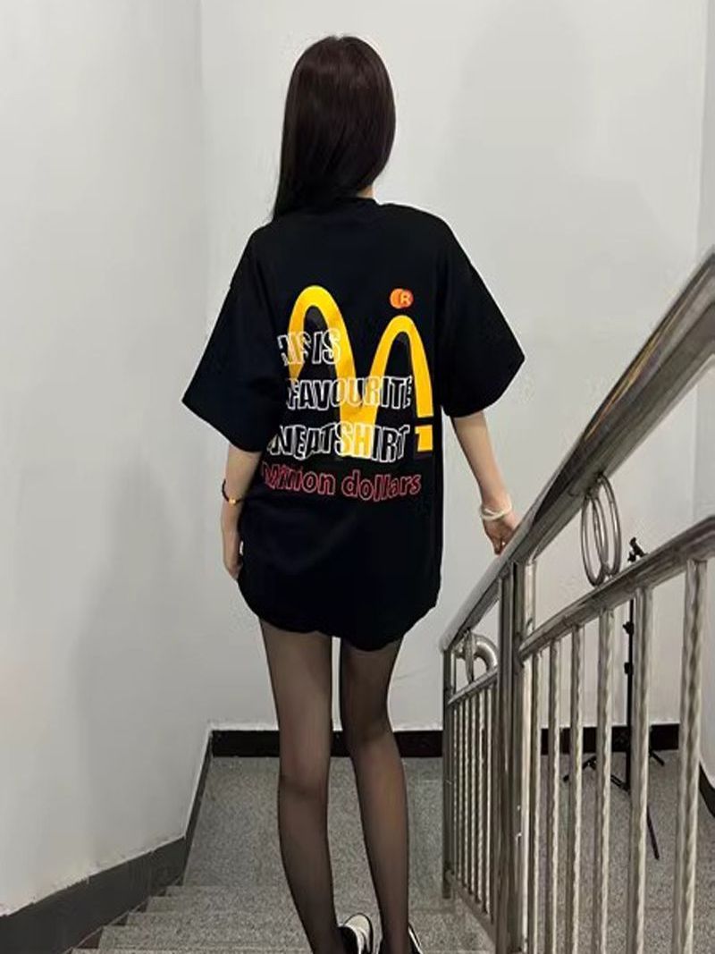 100%重磅純棉國潮美式復古麥當勞字母印花短袖t恤男女夏季上衣ins