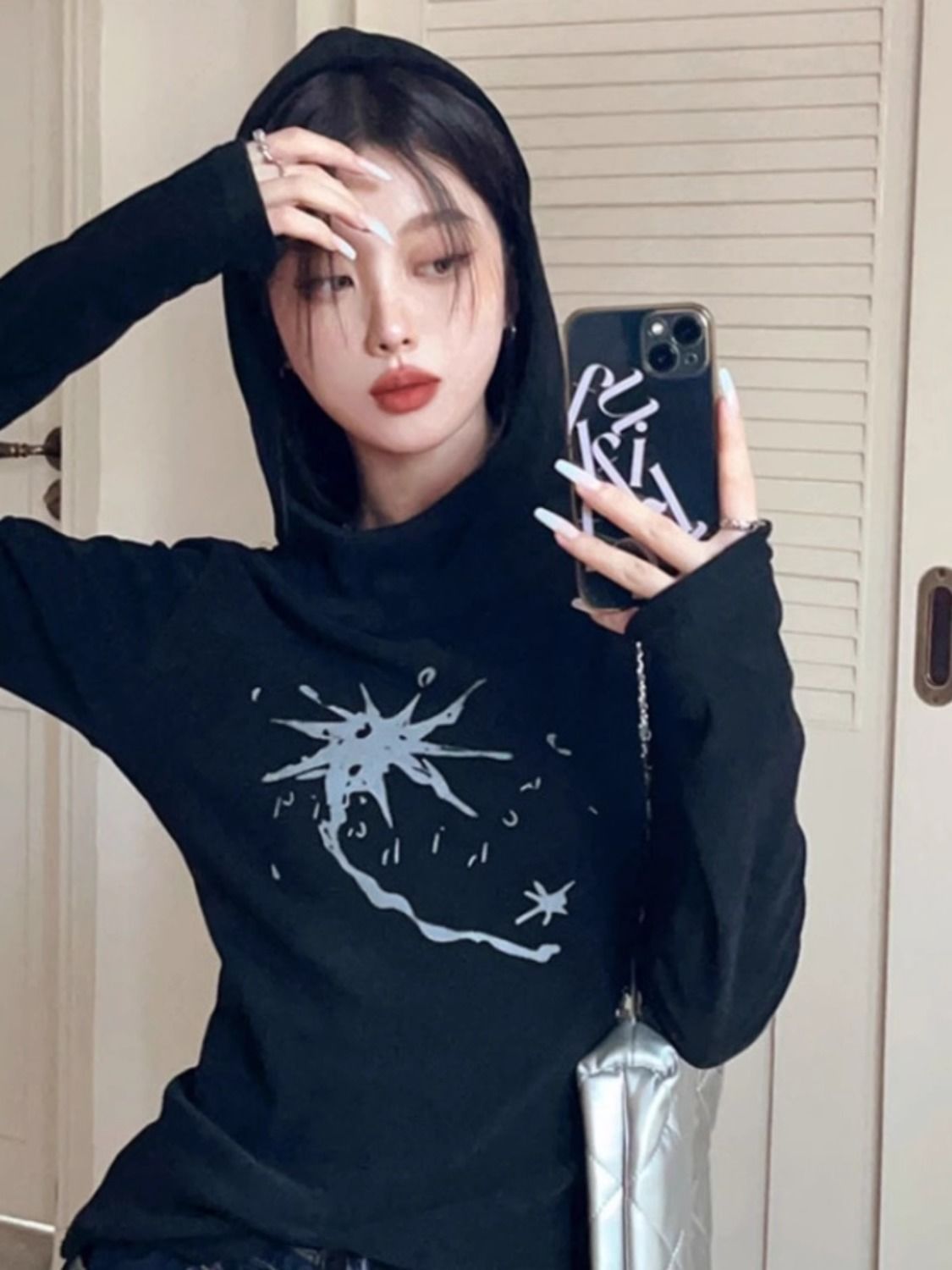 秋季設計感水星印花長袖別致新款女連帽t恤美式小眾上衣純欲風