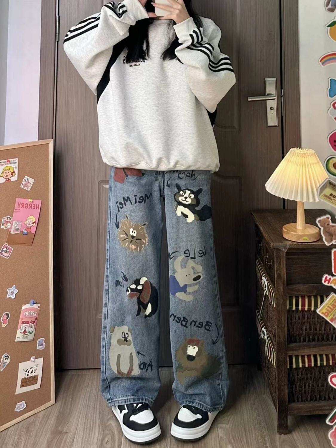 美式高街復古卡通塗鴉印花直筒牛仔褲女秋冬款高腰寬鬆闊腿拖地褲