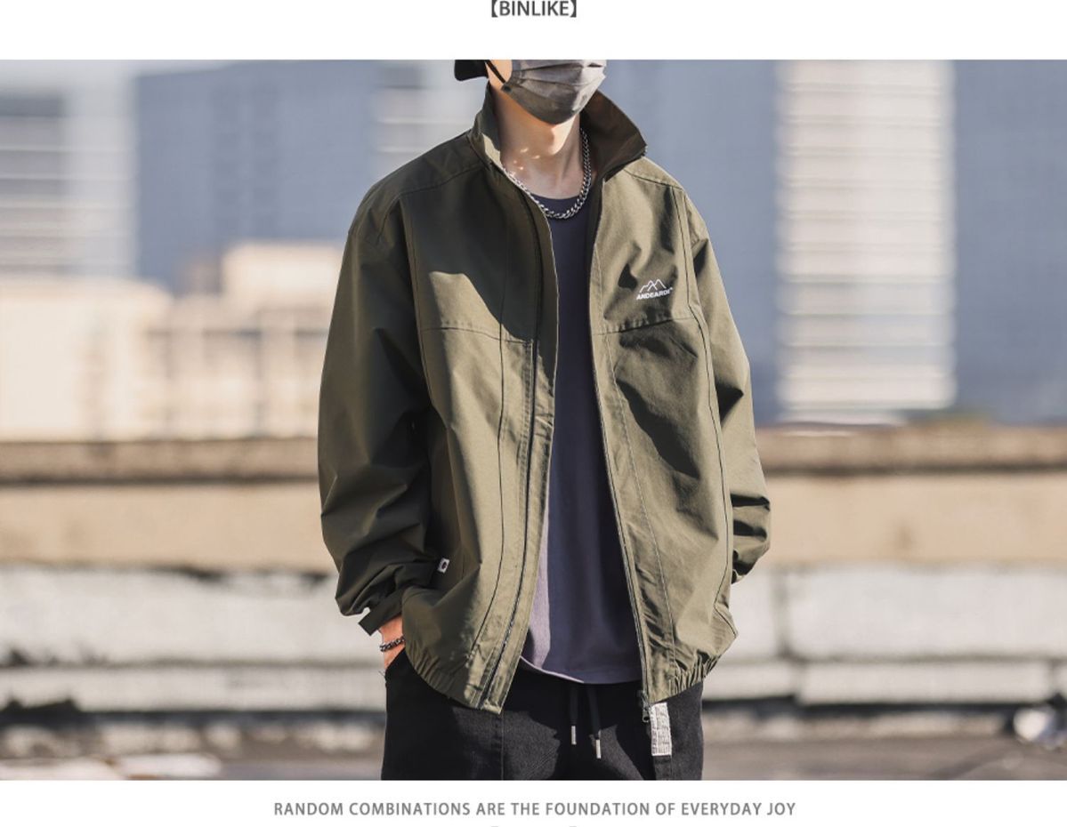 Veste de travail homme ample et polyvalente, style rétro automne-hiver, col montant, coupe-vent tendance et décontracté._voghion.com