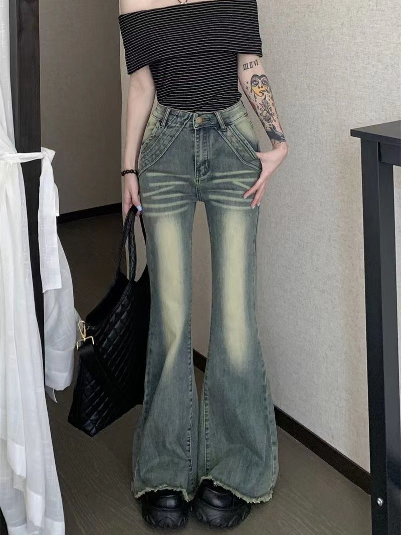 辣妹復古懷舊毛邊牛仔褲女秋冬設計感高腰修身顯瘦拖地微喇叭褲潮