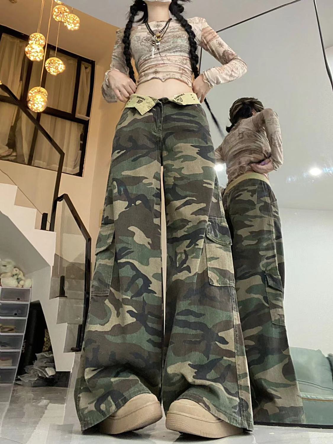 美式復古迷彩工裝牛仔褲女秋季低腰翻邊設計感寬鬆顯瘦直筒闊腿褲
