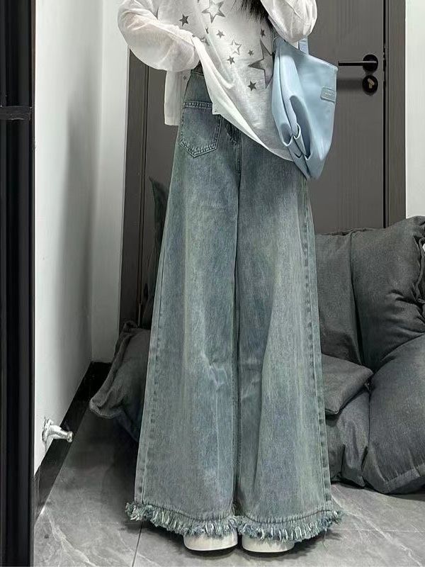 美式復古做舊毛邊大闊腿牛仔褲女秋冬小個子高腰寬鬆顯瘦拖地褲潮