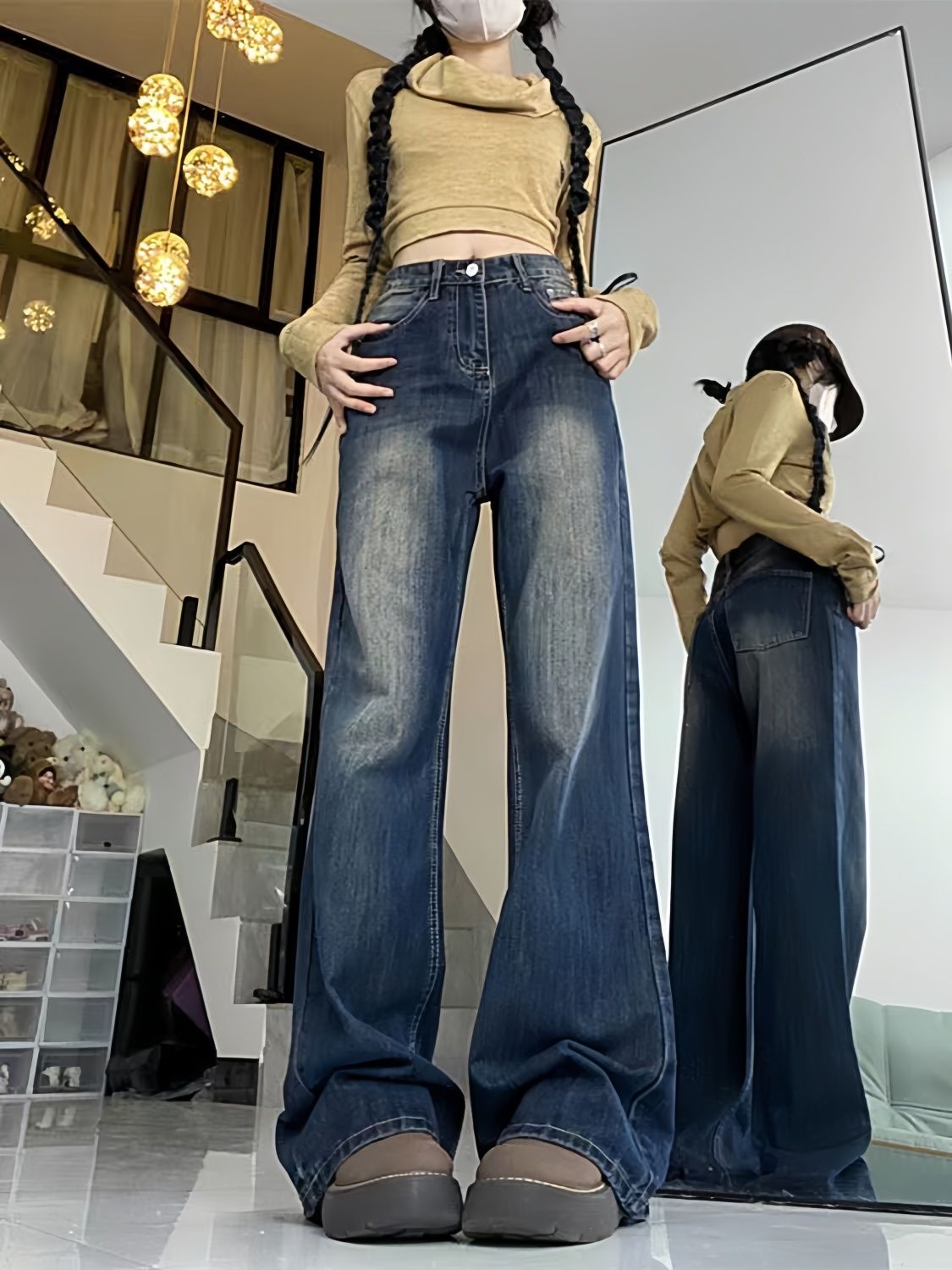 美式復古微喇叭牛仔褲女秋冬新款高腰寬鬆顯瘦直筒高街闊腿拖地褲