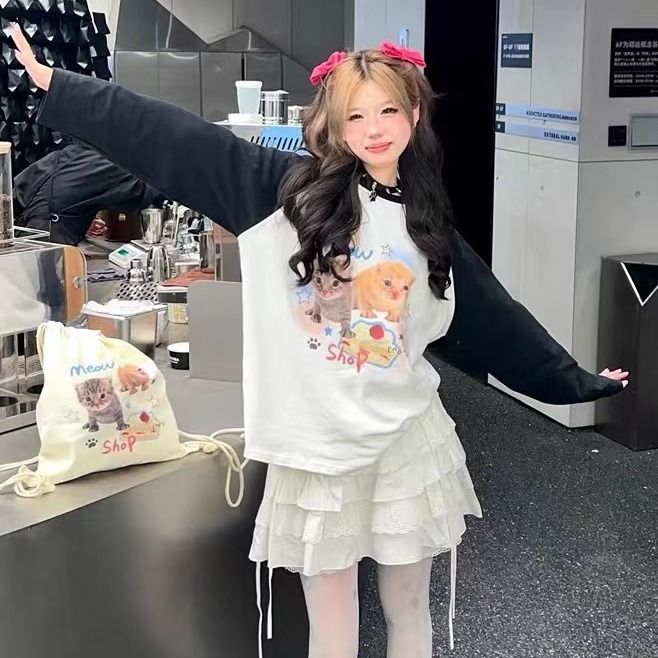 貓咪印花插肩袖寬鬆圓領長袖衛衣秋冬新款日系可愛甜美上衣女學生