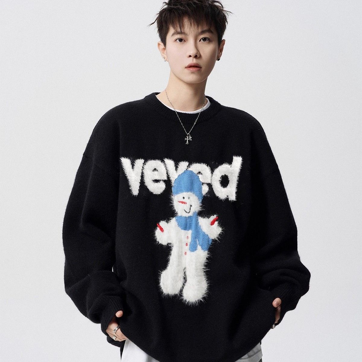 Atmosphere Schneemann-Weihnachtspullover für Herren, Herbst, amerikanische Trendmarke, Jacquard-Muster, lockerer Rundhalsausschnitt, Strickpullover_voghion.com