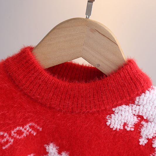 女童毛衣秋冬款加绒加厚2023新款中大儿童男孩红色针织衫过年洋气