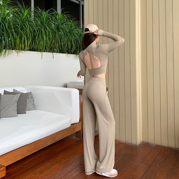 MUZI Slim-Fit Long-Sleeve Yoga Top For Women With Loose High-Waisted Wide-Leg Sports Pants Two-Piece Set_ecoleips.com