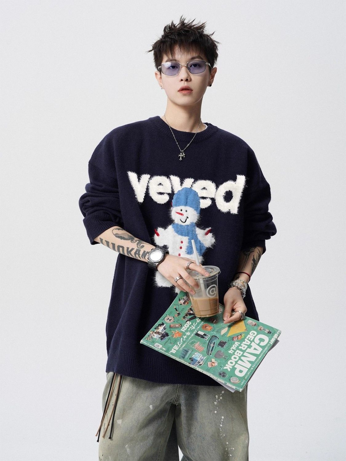 Atmosphere Schneemann-Weihnachtspullover für Herren, Herbst, amerikanische Trendmarke, Jacquard-Muster, lockerer Rundhalsausschnitt, Strickpullover_voghion.com