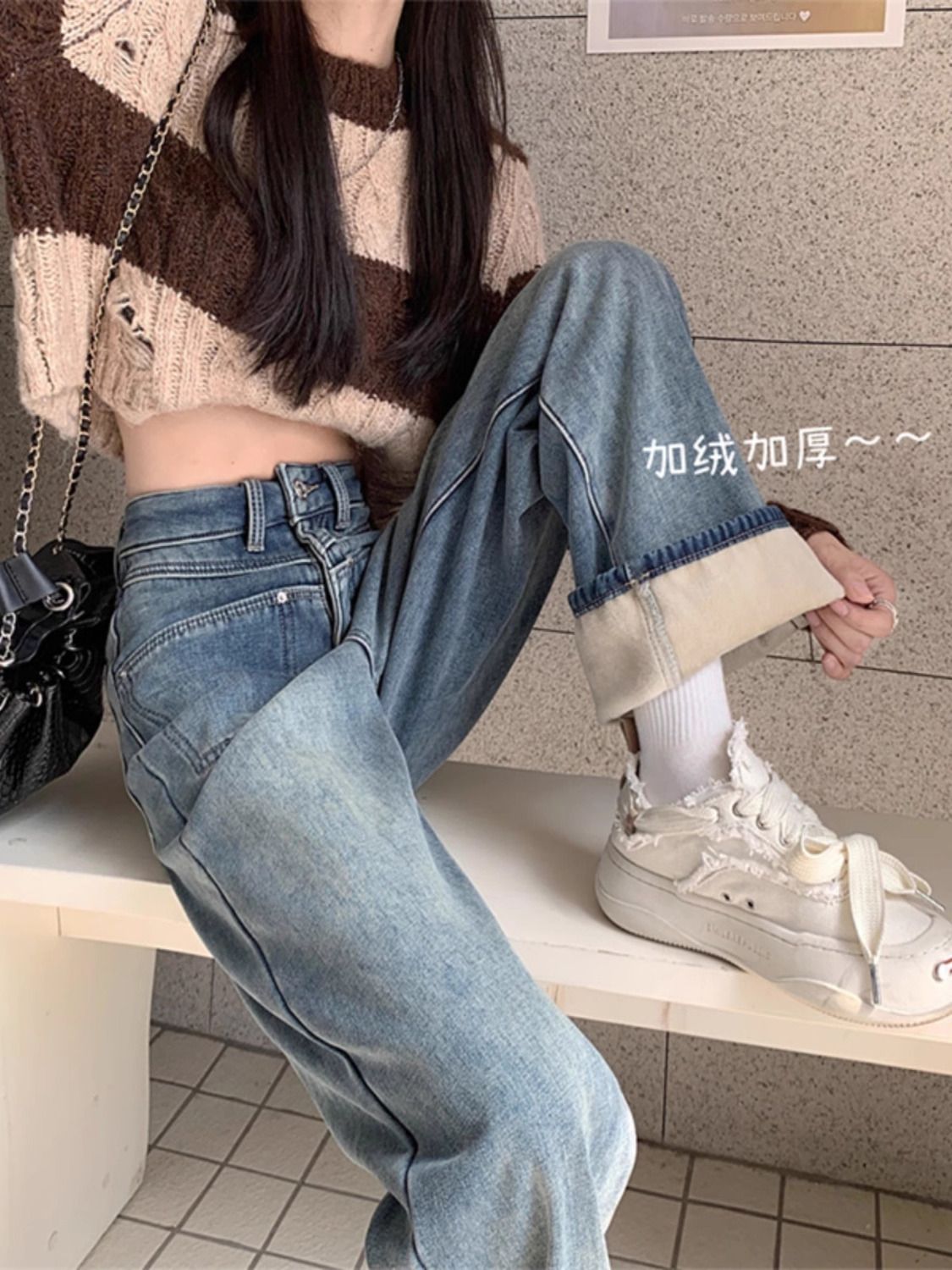 復古加絨加厚直筒牛仔褲女秋冬新款小個高腰寬鬆顯瘦百搭闊腿長褲