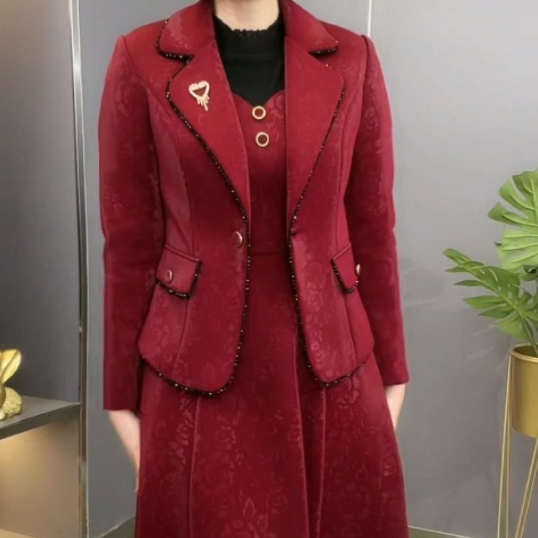高檔琉璃精紡加絨加厚套裝2023秋冬款西裝連衣裙兩件套婚宴媽媽裝