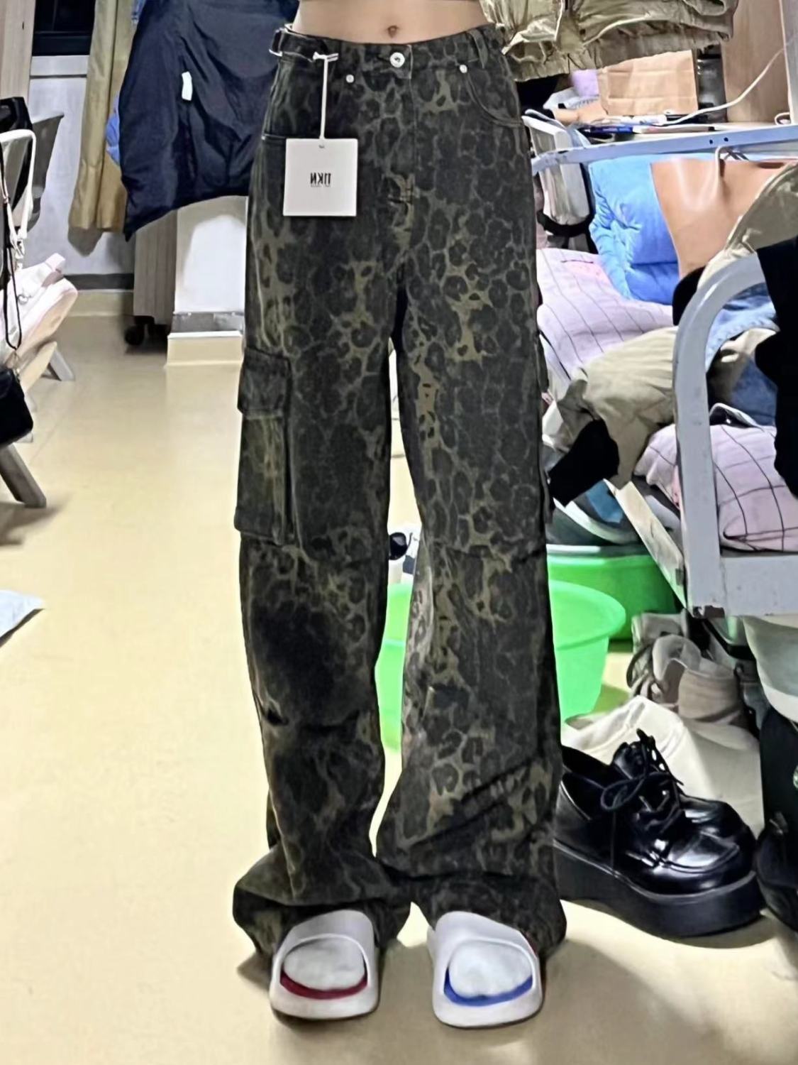 美式高街復古豹紋工裝牛仔褲女春季高腰寬鬆顯瘦闊腿休閒拖地褲潮