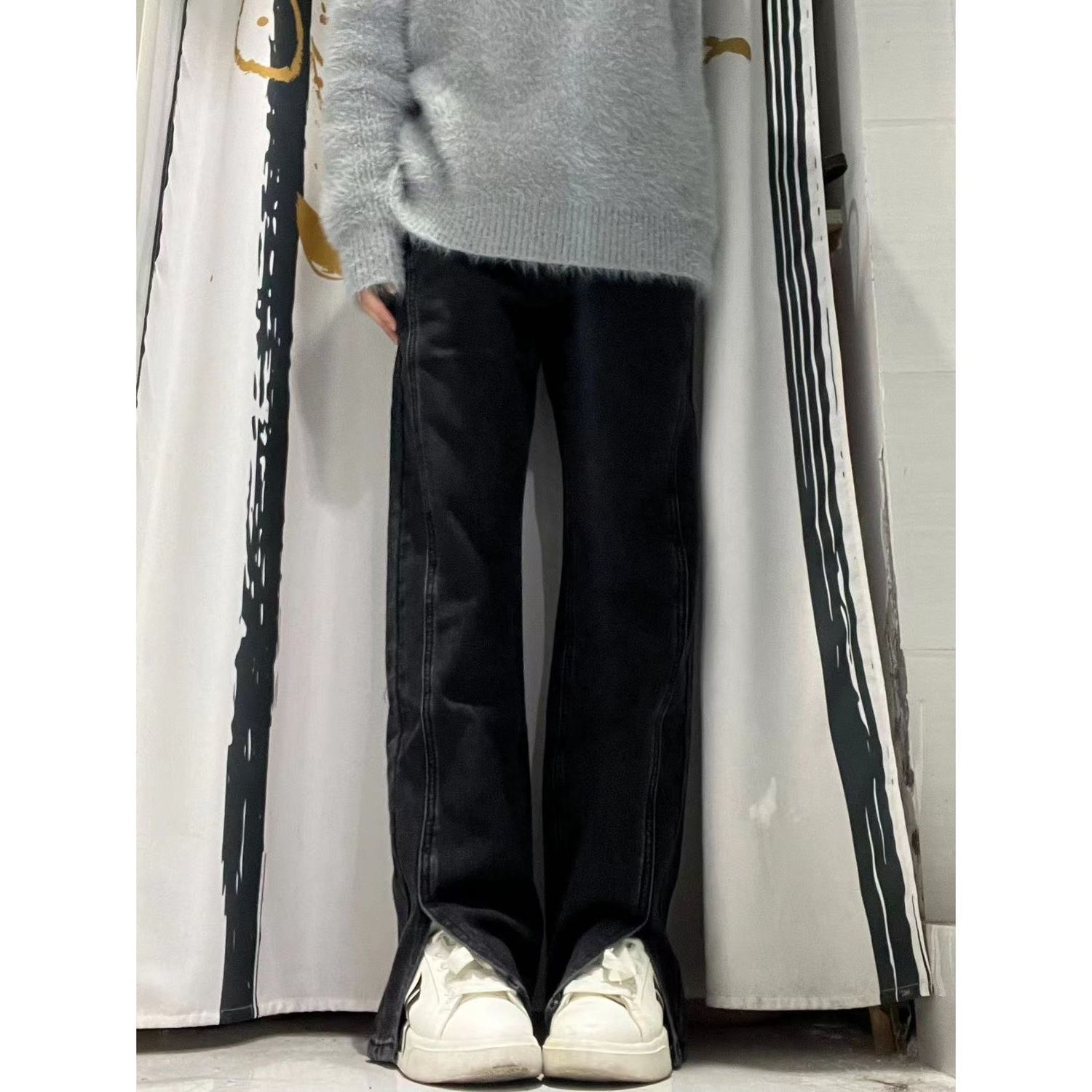 復古開叉闊腿牛仔褲女秋季新款小個子高腰顯瘦黑色寬鬆直筒褲子潮