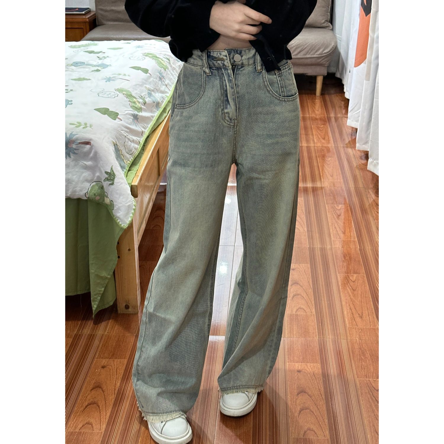 美式復古高街毛邊闊腿牛仔褲女新款ins美拉德高腰顯瘦拖地長褲潮
