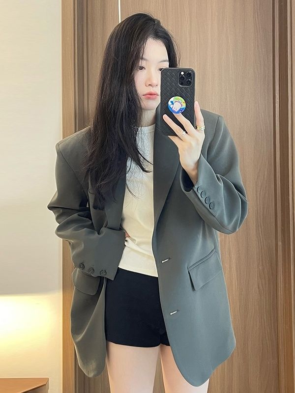 Spring and Autumn Thick Gray Suit Jacket Women's High-Level Slim Korean Style Casual Small Profile Shoulder Pad Suit Trendy