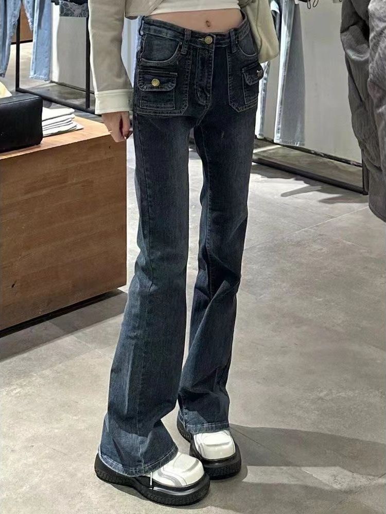 美式復古小個子微喇牛仔褲女秋季高腰顯瘦設計感拖地褲高街ins潮