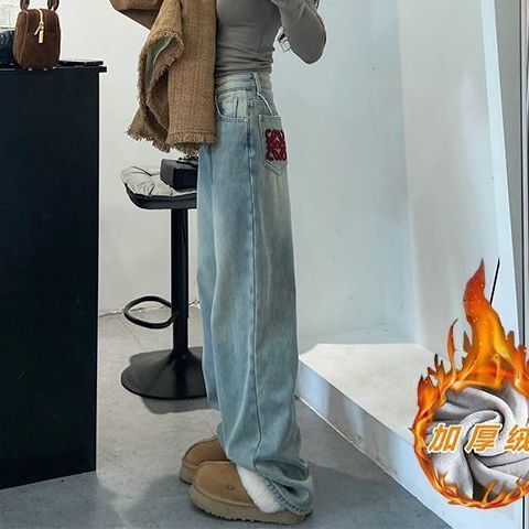 拼色刺繡加厚加絨直筒牛仔褲女2023秋冬季新款復古水洗寬鬆闊腿褲