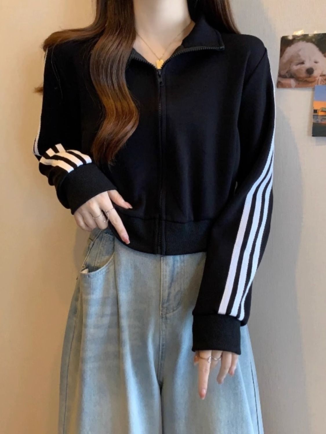 美式復古三條槓短款衛衣外套女秋季顯瘦立領拉鏈運動休閒上衣ins
