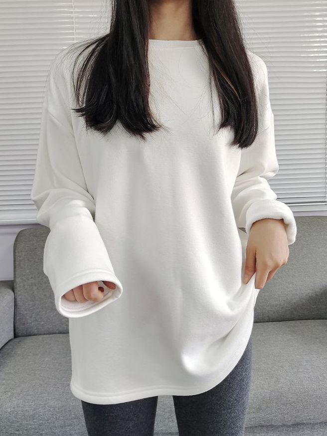 白色打底衫女中長款t恤遮屁加絨加厚上衣寬鬆圓領百搭長袖遮臀