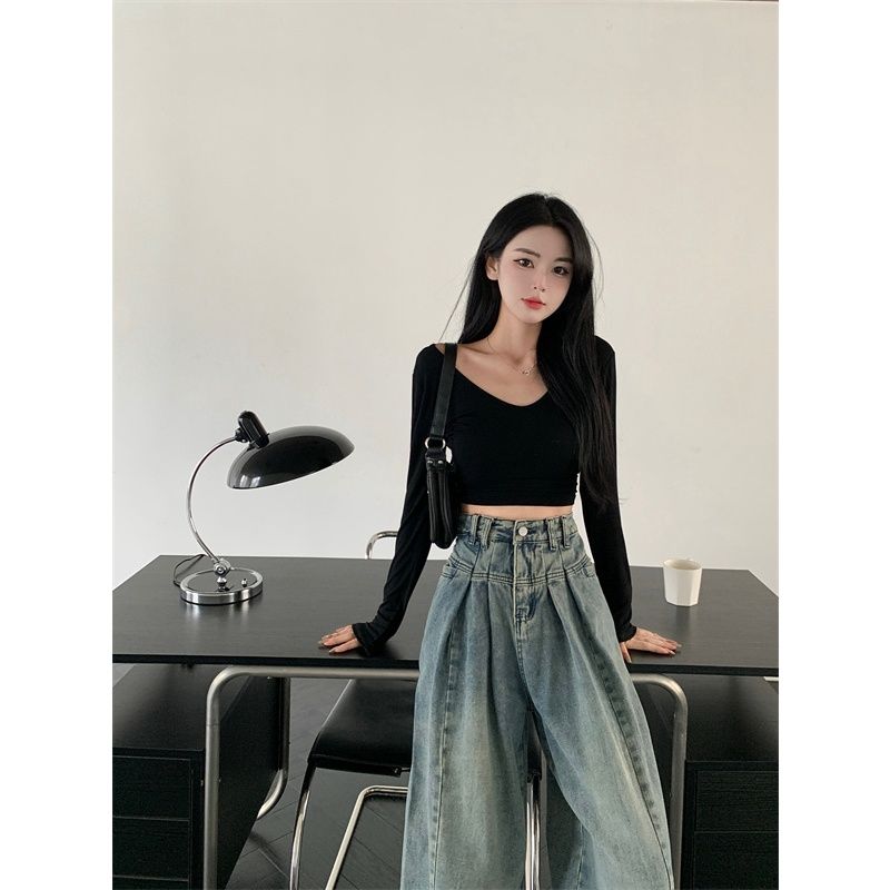 早秋小個子寬鬆做舊復古高腰垂感牛仔褲女拖地褲直筒闊腿褲子長褲