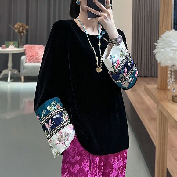 中式國風復古刺繡打底衫2023新款寬鬆遮肉洋氣休閒百搭金絲絨上衣