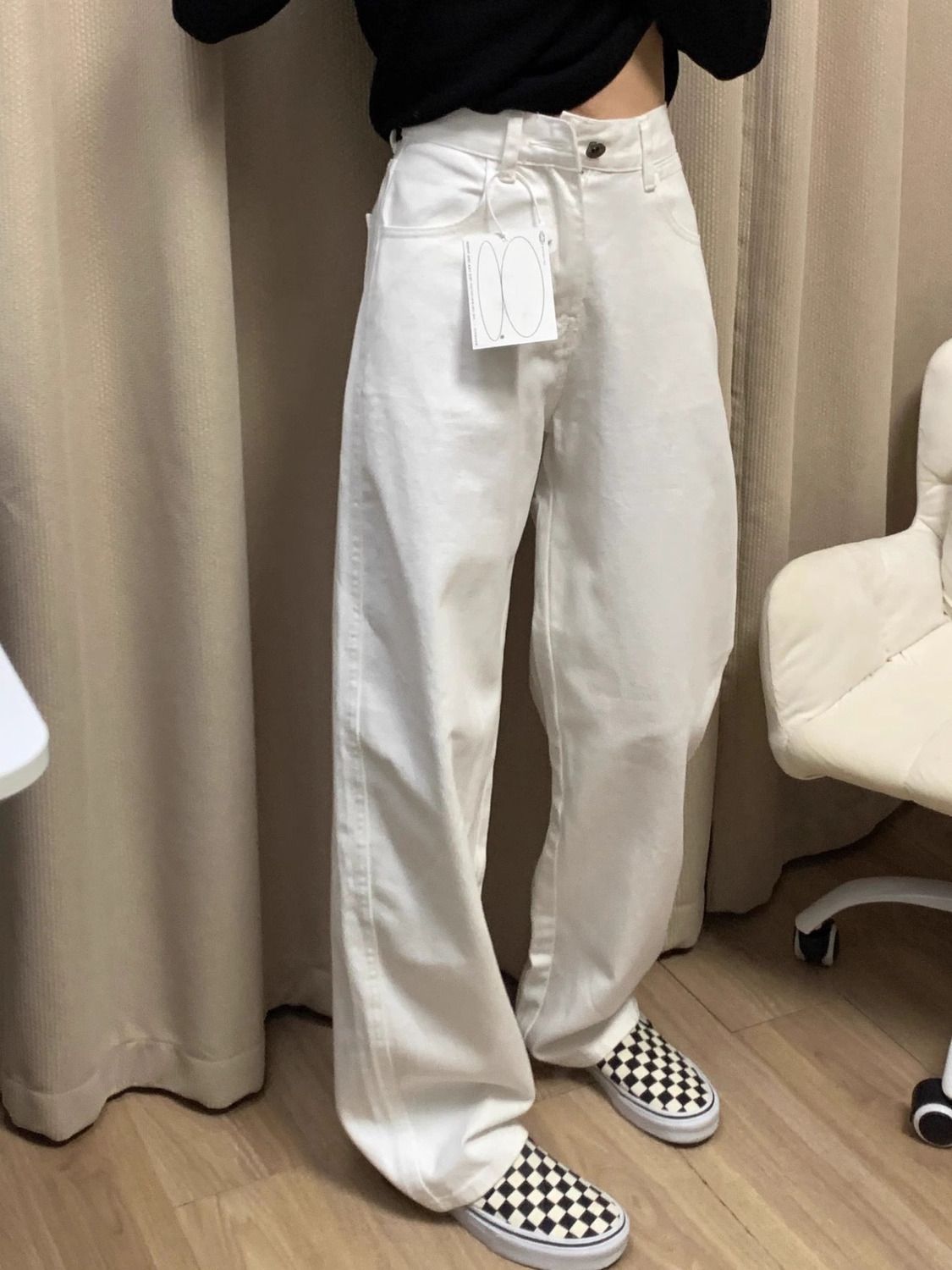 白色潮流直筒牛仔褲女2023秋季新款高腰顯瘦小個子闊腿拖地長褲子