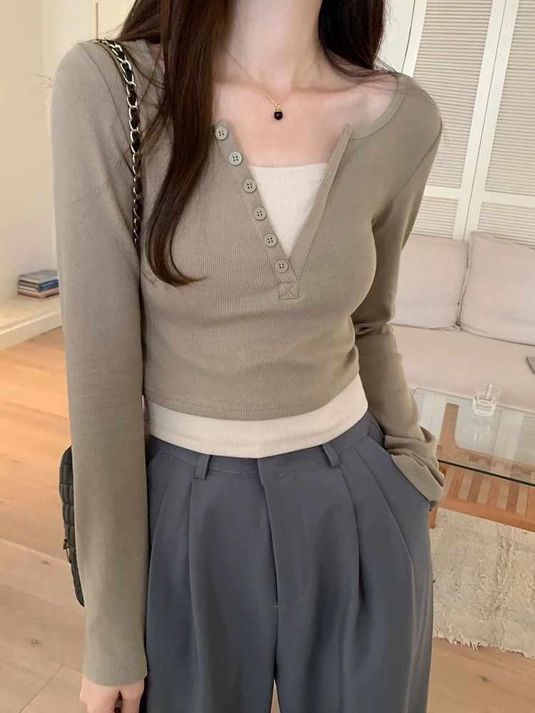 長袖假兩件上衣設計感秋季2023新款韓版女裝微胖顯瘦減齡百搭T恤