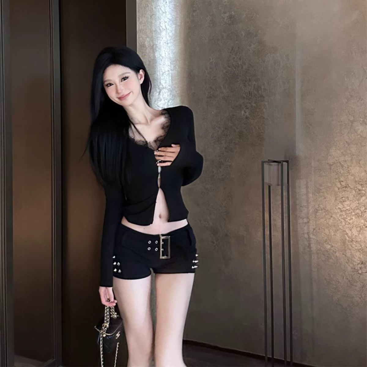 秋冬甜辣妹別致v領針織開衫短款上衣設計感拼接小眾打底衫女內搭