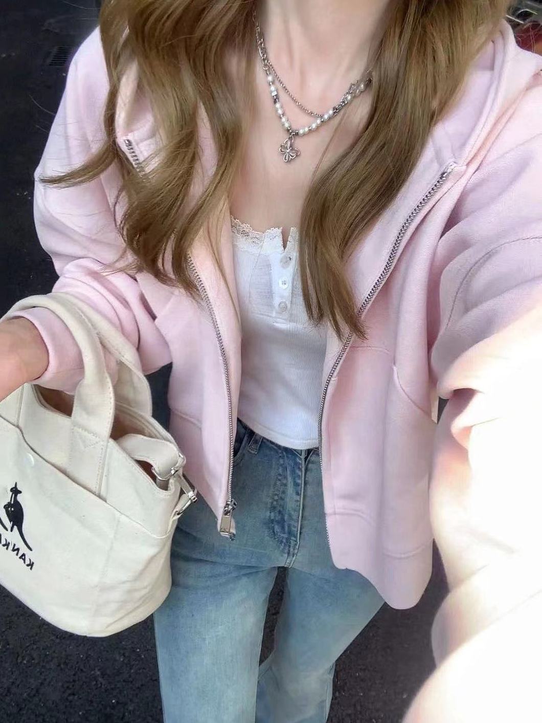 2023 spring and autumn sweet light pink hooded short sweatshirt for women loose and versatile double zipper coat cardigan