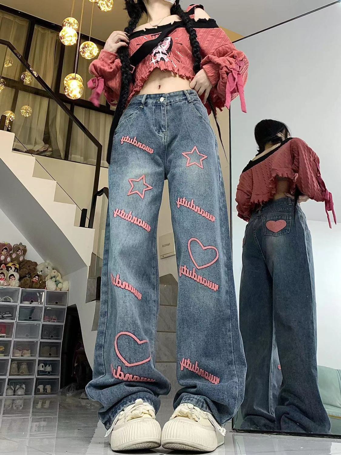 美式高街字母刺繡直筒牛仔褲女秋冬設計感高腰寬鬆顯瘦闊腿拖地褲