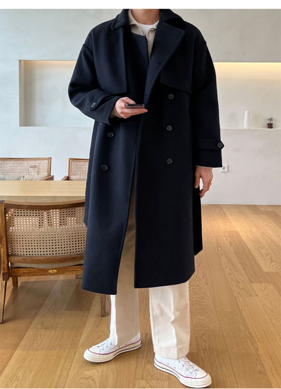 2026 Spring New Wool Mid-Length British Style Thickened Korean Version Trench Coat Loose Over-the-Knee Jacket_voghion.com