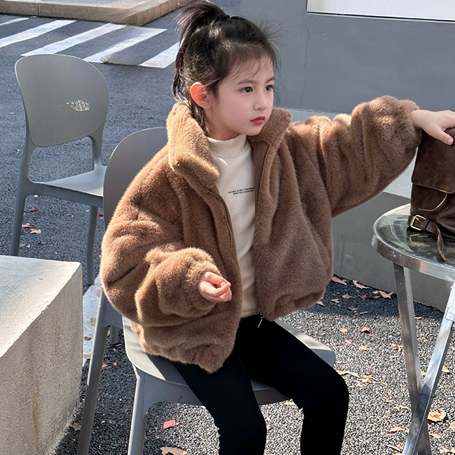女童皮草外套2023冬季新款时髦小女孩毛毛衣加绒宝宝加厚上衣冬装