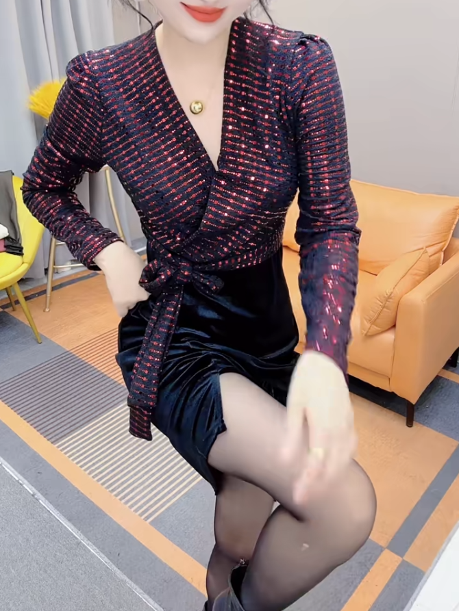 2023秋冬季新款時尚假兩件長袖連衣裙女洋氣性感亮片百搭打底裙子