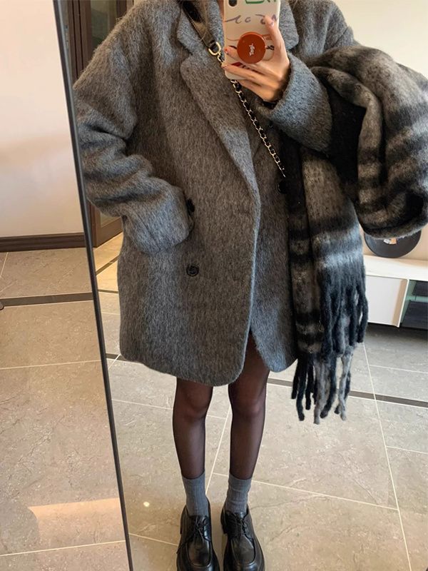 毛呢灰色西装外套女秋冬季新款小个子高级感显瘦中长款呢子大衣潮