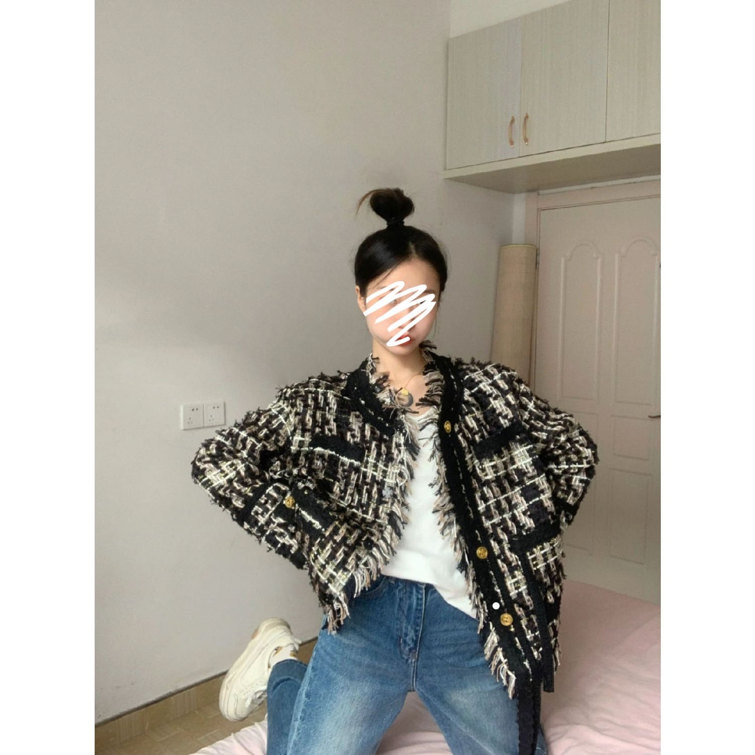 Heavy industry black gold braided tassel small fragrance style coat autumn and winter new loose thickened tweed top high-end sense for women