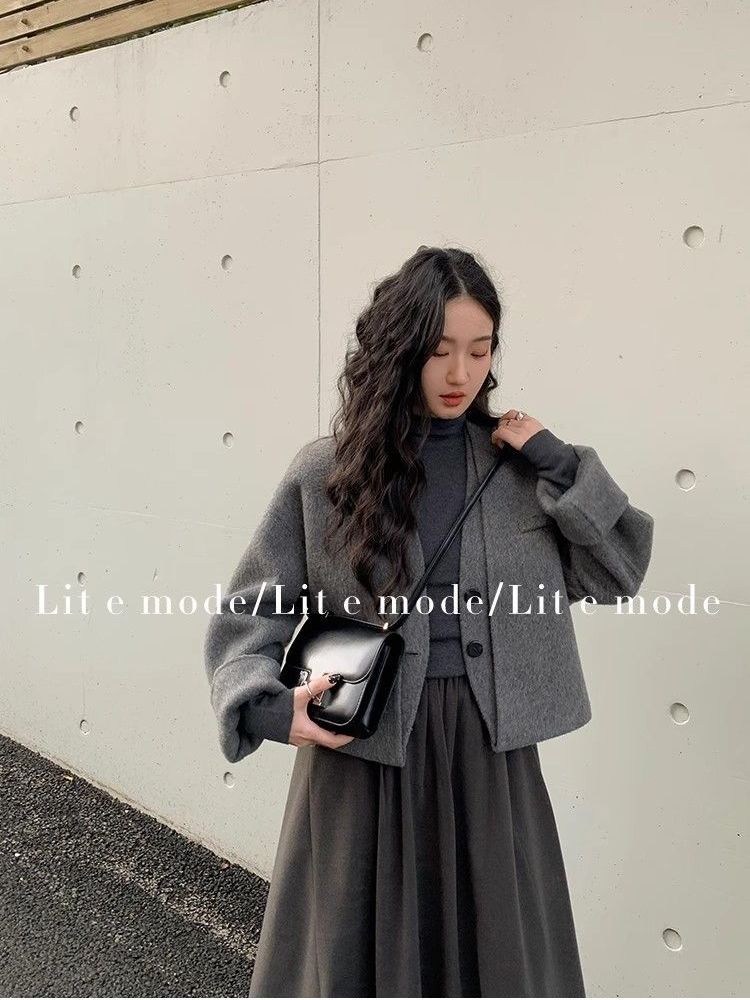 Double layer coat for women  autumn and winter new loose Korean style small fake two-piece suit wool double-sided nylon coat