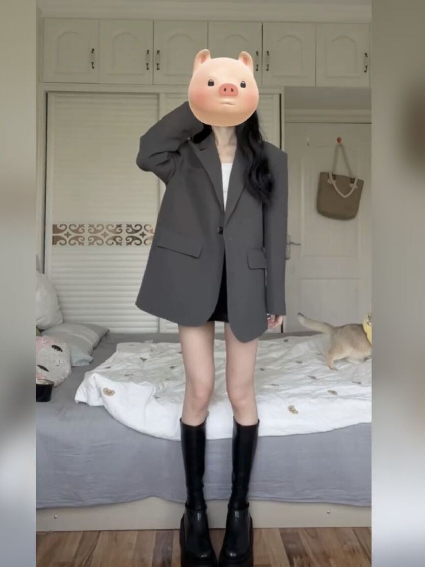 灰色西裝外套女春秋新款韓版小眾設計感網紅炸街潮流顯瘦小西服女