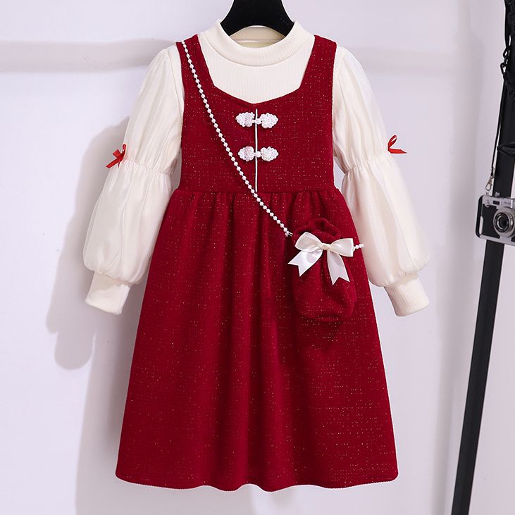 Girls Chinese style New Year's dress autumn and winter new children's red vest princess dress New Year's dress skirt
