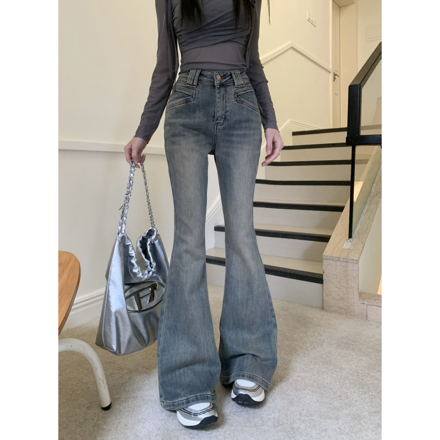Retro blue bootcut jeans for women, spring and autumn American high-waisted casual straight pants, horseshoe flared floor-length trousers