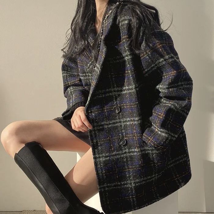 西装外套女2023秋冬新款韩版复古中长款时尚百搭加厚格子毛呢大衣