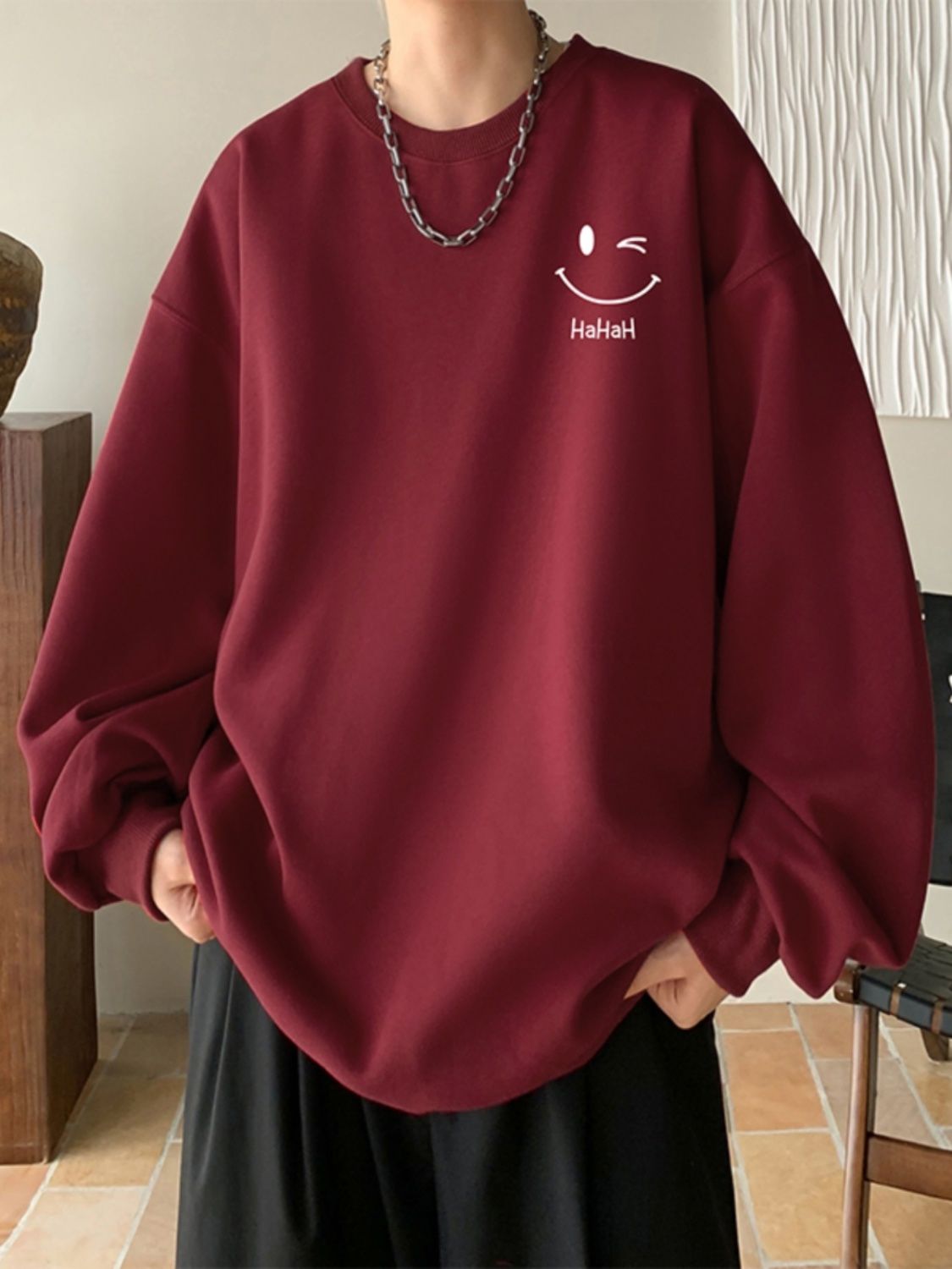 笑臉加絨衛衣男無帽秋冬款重磅潮牌外套秋季美式復古寬鬆無帽上衣