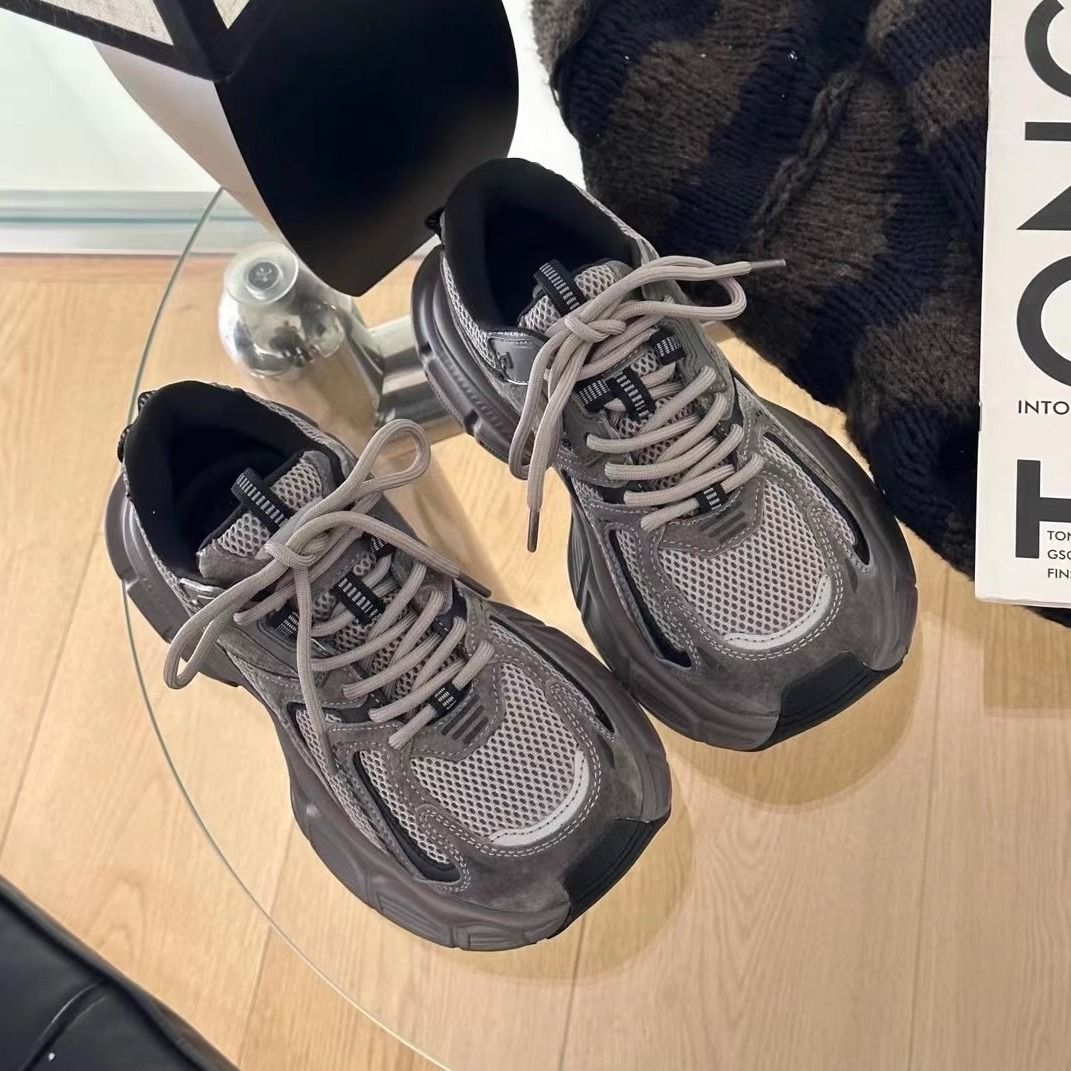 厚底灰色加絨老爹鞋女2023秋冬新款百搭輕便復古美拉德休閒運動鞋