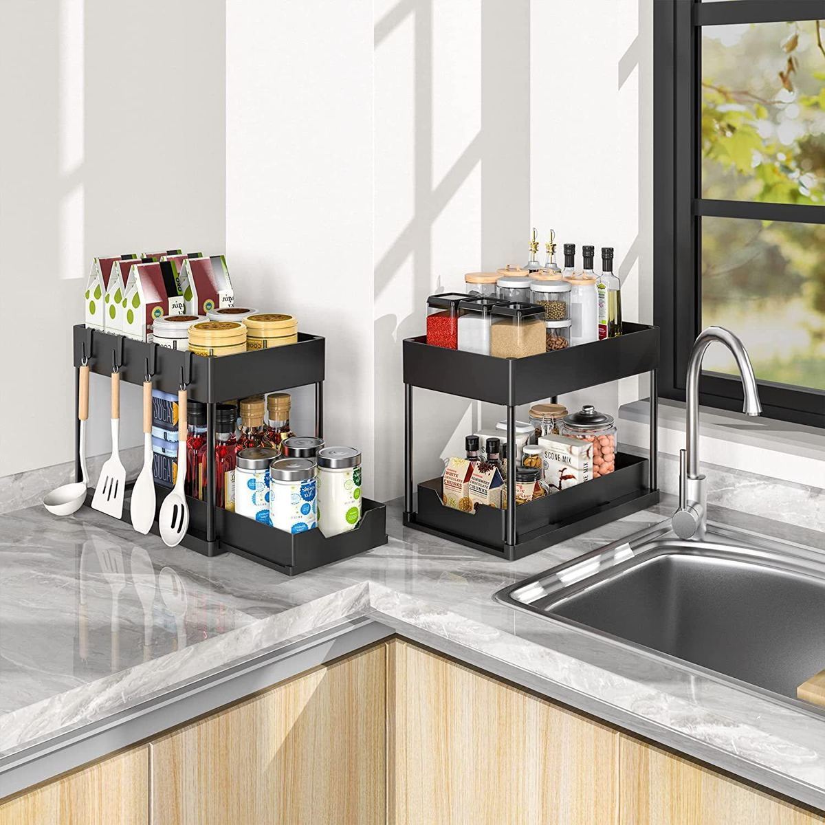Kitchen Sink Storage Double-layer Shelf, Home Pull-out Bathroom Countertop Multifunctional Spice Rack With Chopstick_voghion.com